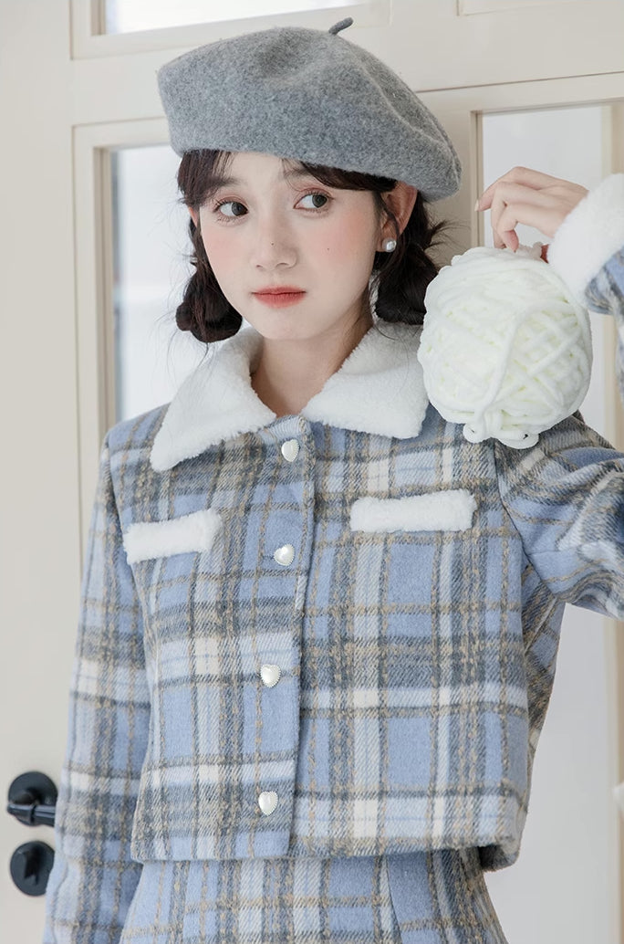 Elsa Plaid Tweed Midi Set (Blue)