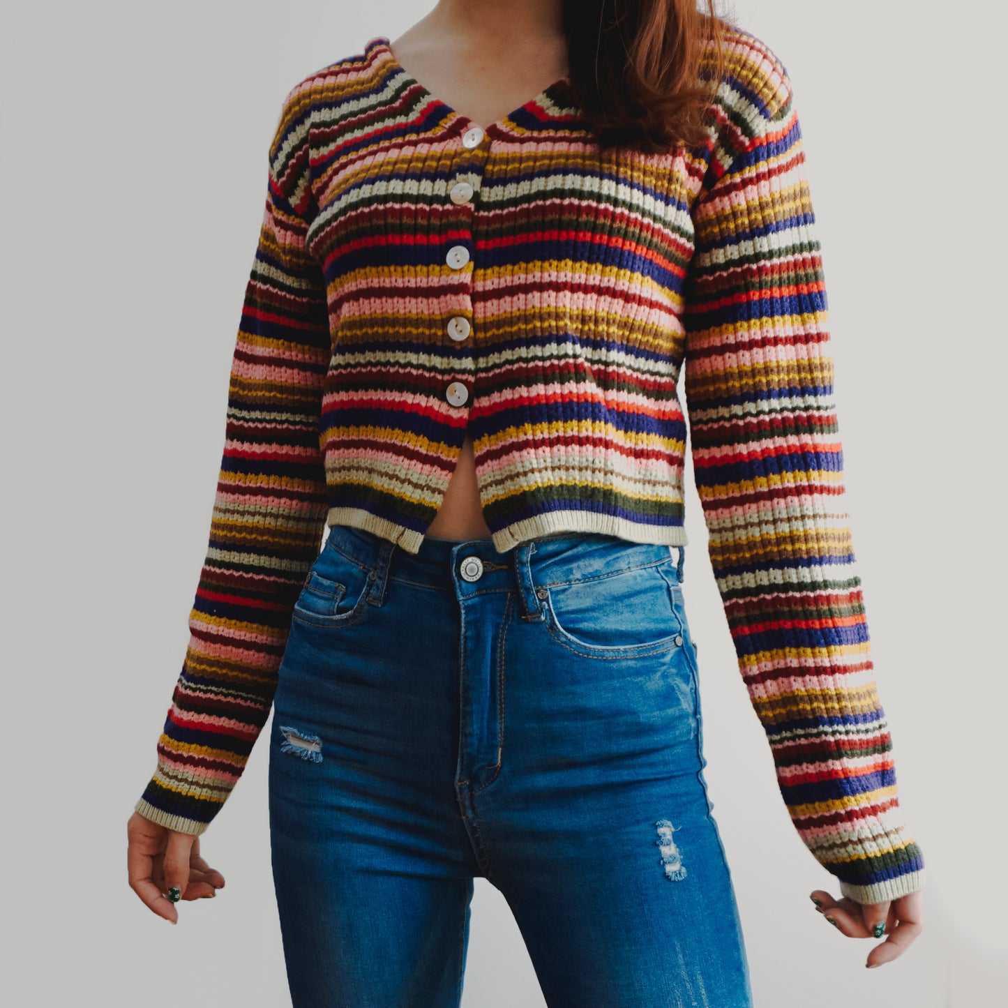 Multicolored Stripe Cropped Cardigan (Pink/Green)