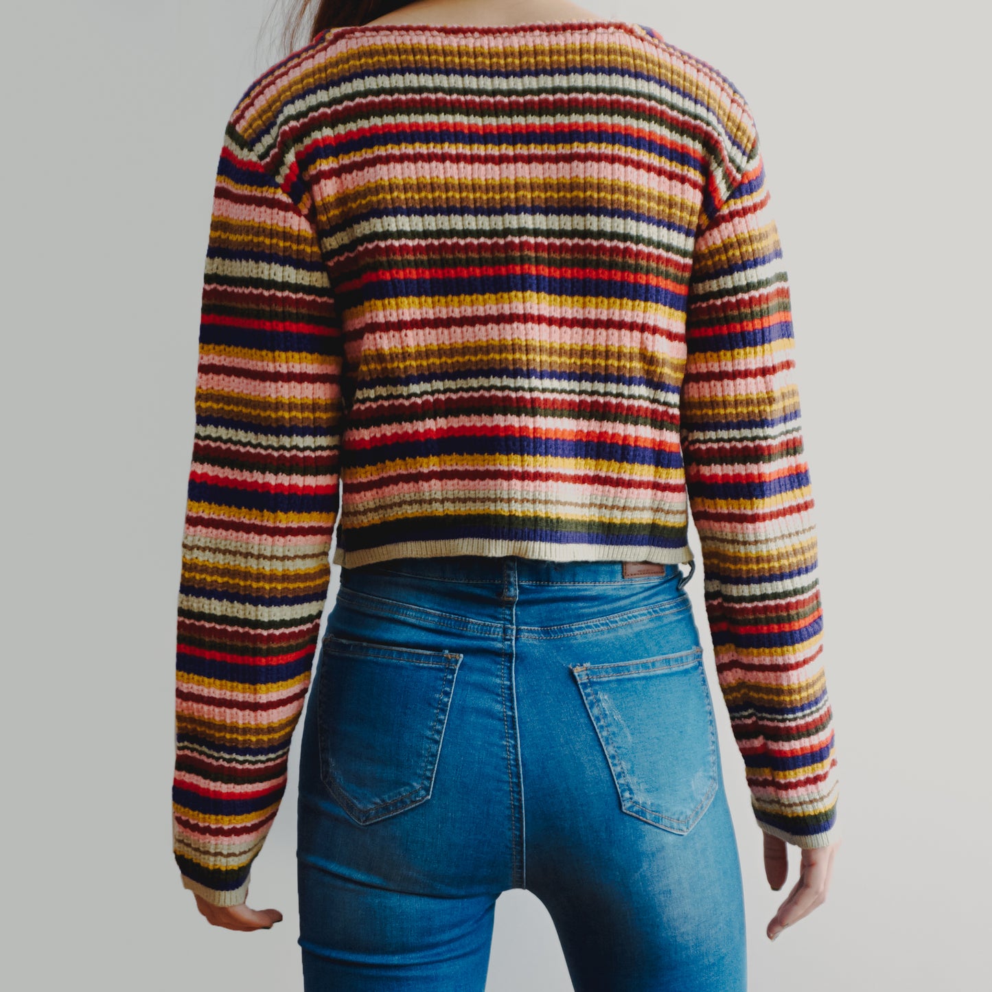 Multicolored Stripe Cropped Cardigan (Pink/Green)