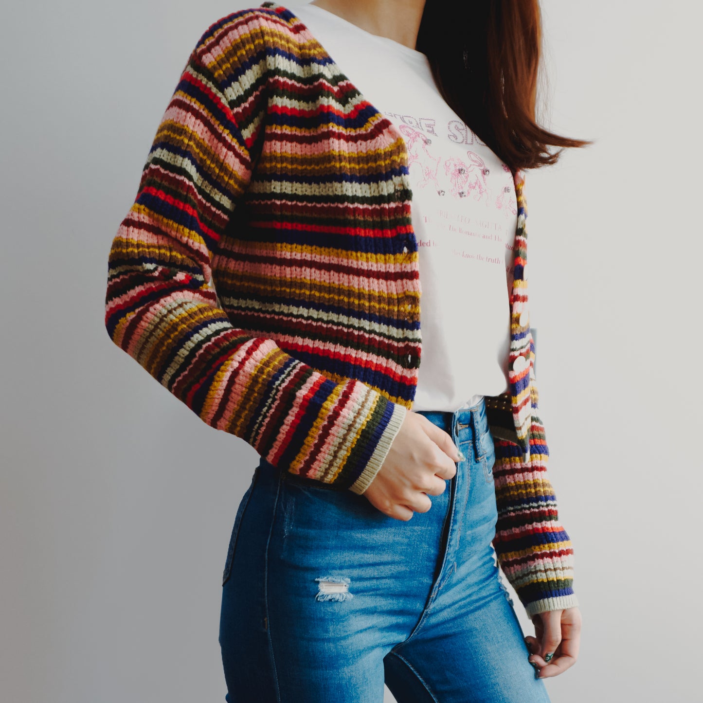 Multicolored Stripe Cropped Cardigan (Pink/Green)