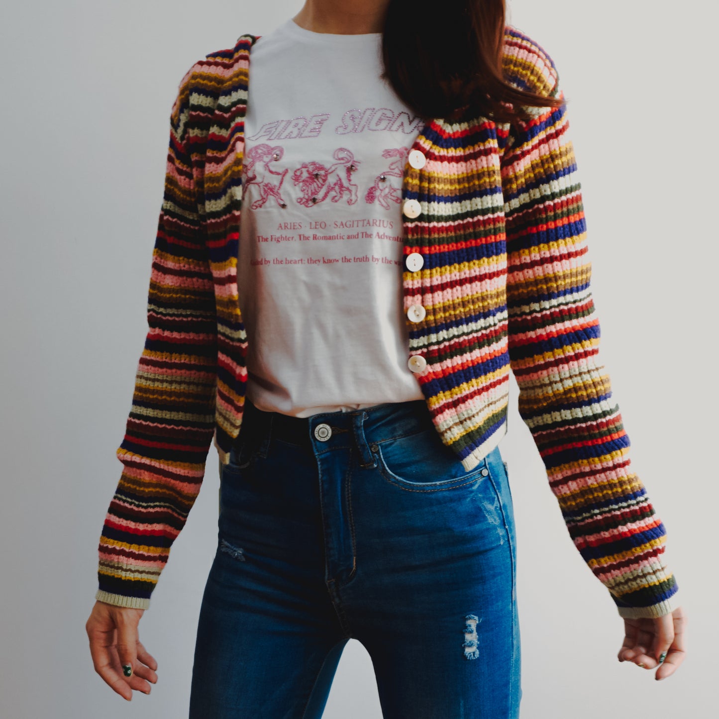Multicolored Stripe Cropped Cardigan (Pink/Green)