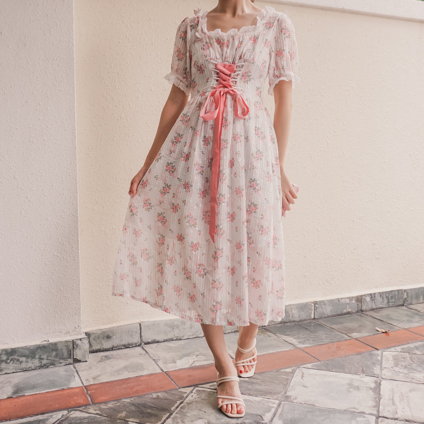Spring Fling Lace Up Floral Dress (White/Pink)