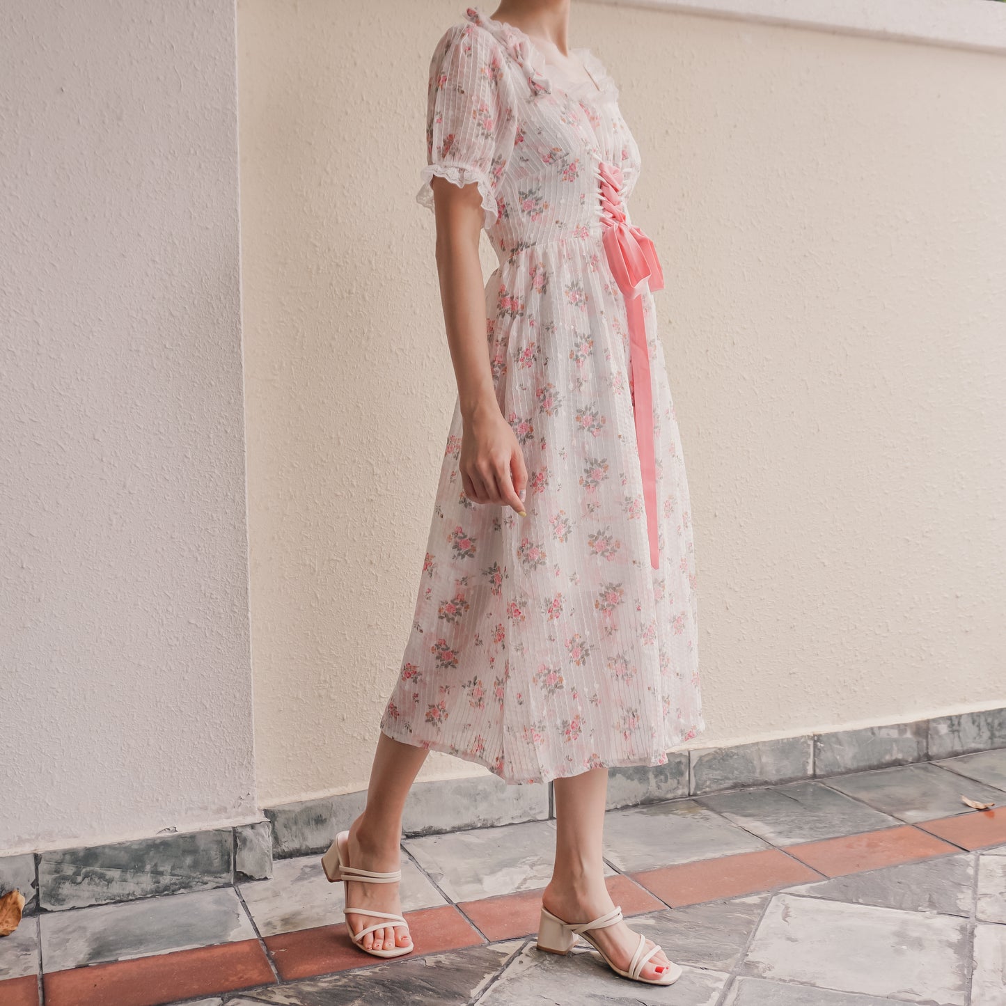 Spring Fling Lace Up Floral Dress (White/Pink)