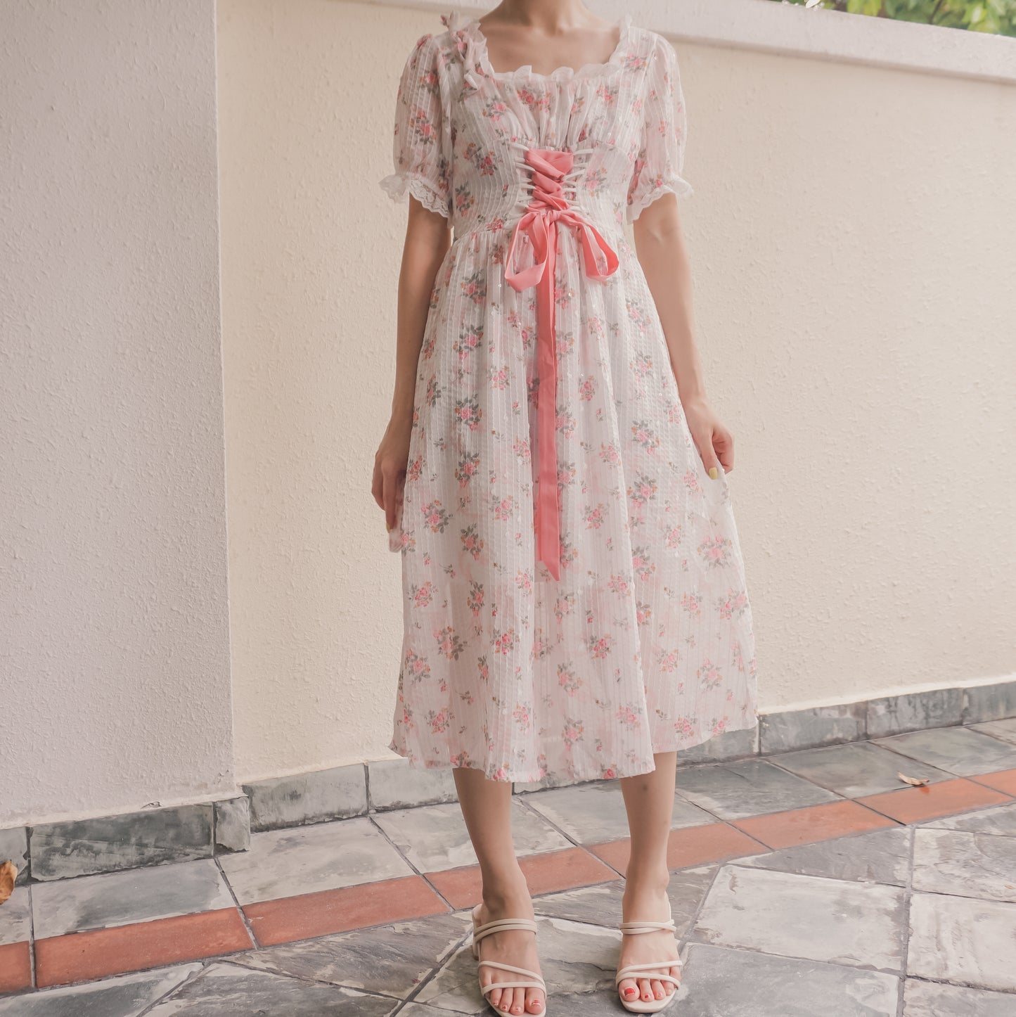 Spring Fling Lace Up Floral Dress (White/Pink)