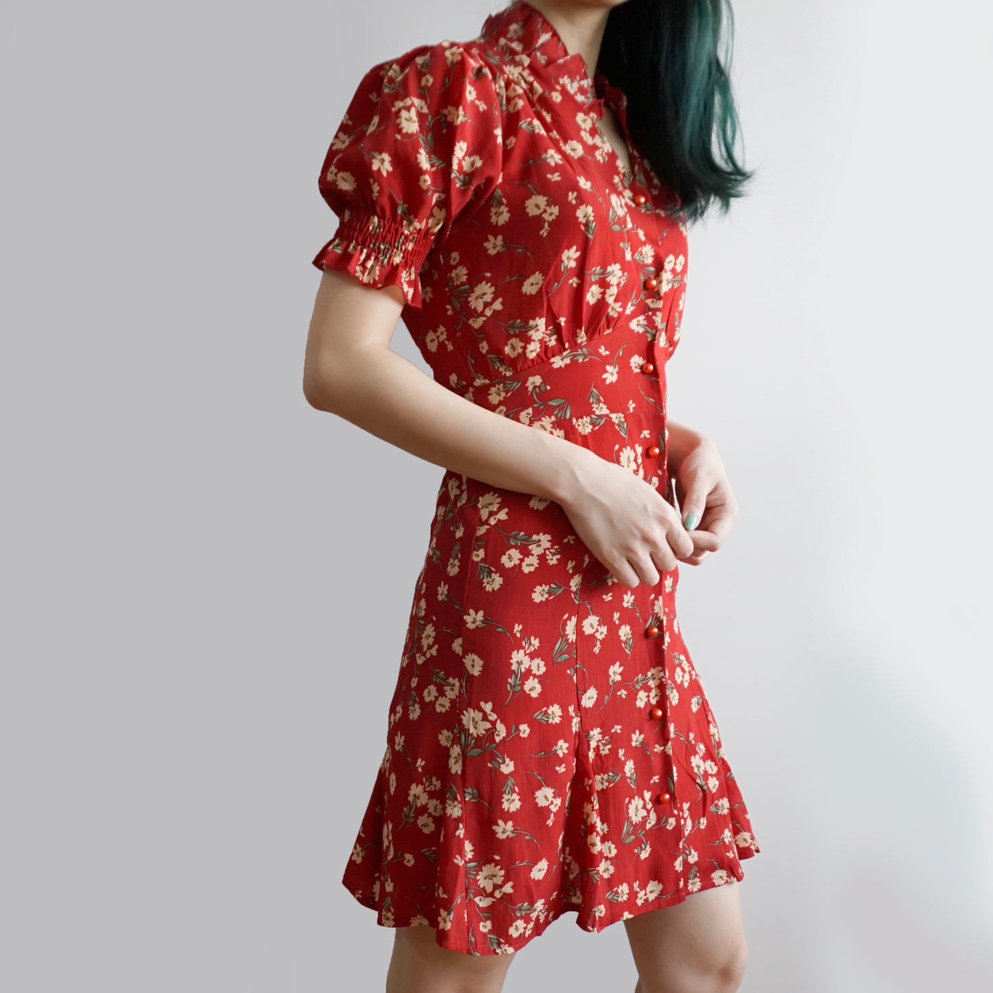 Floral Blossom Puff Sleeve Dress (Red)