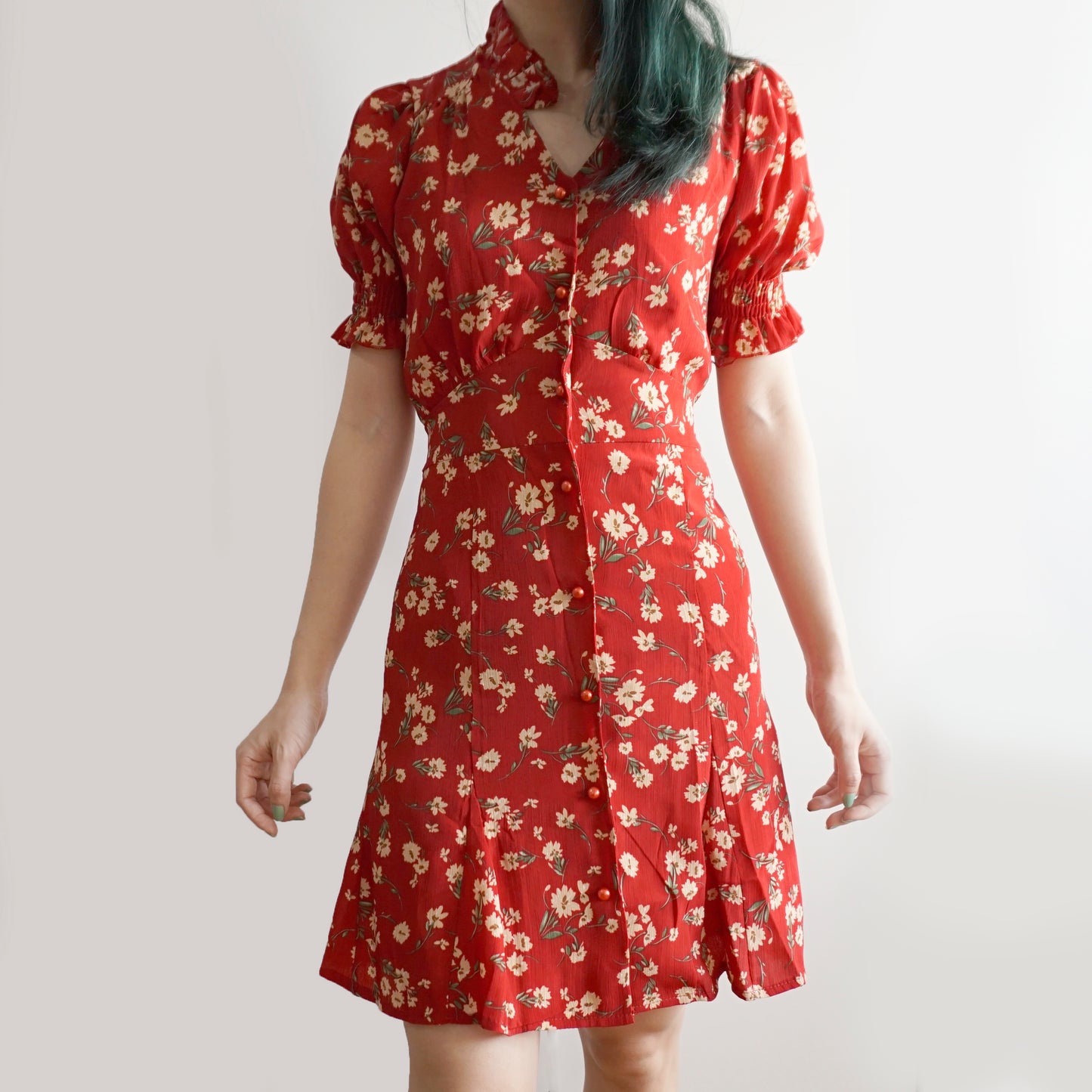 Floral Blossom Puff Sleeve Dress (Red)