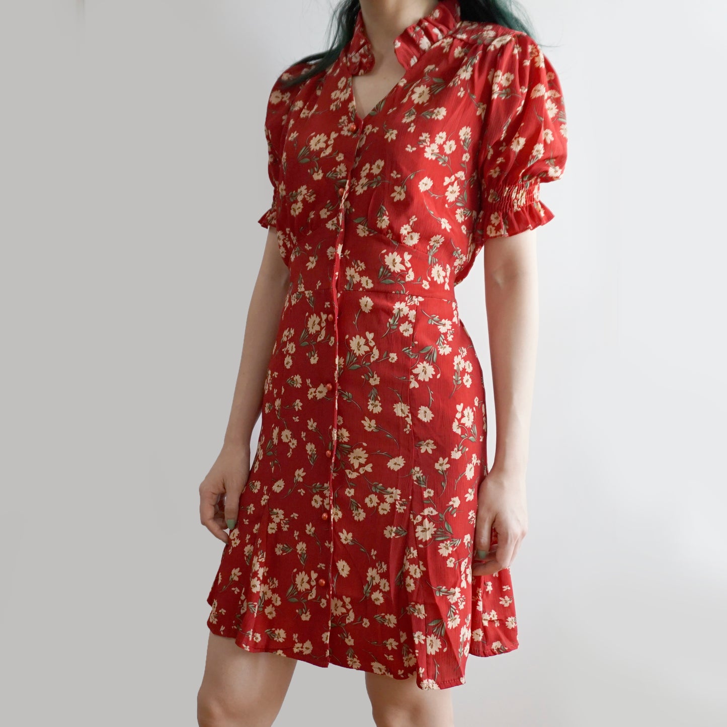 Floral Blossom Puff Sleeve Dress (Red)