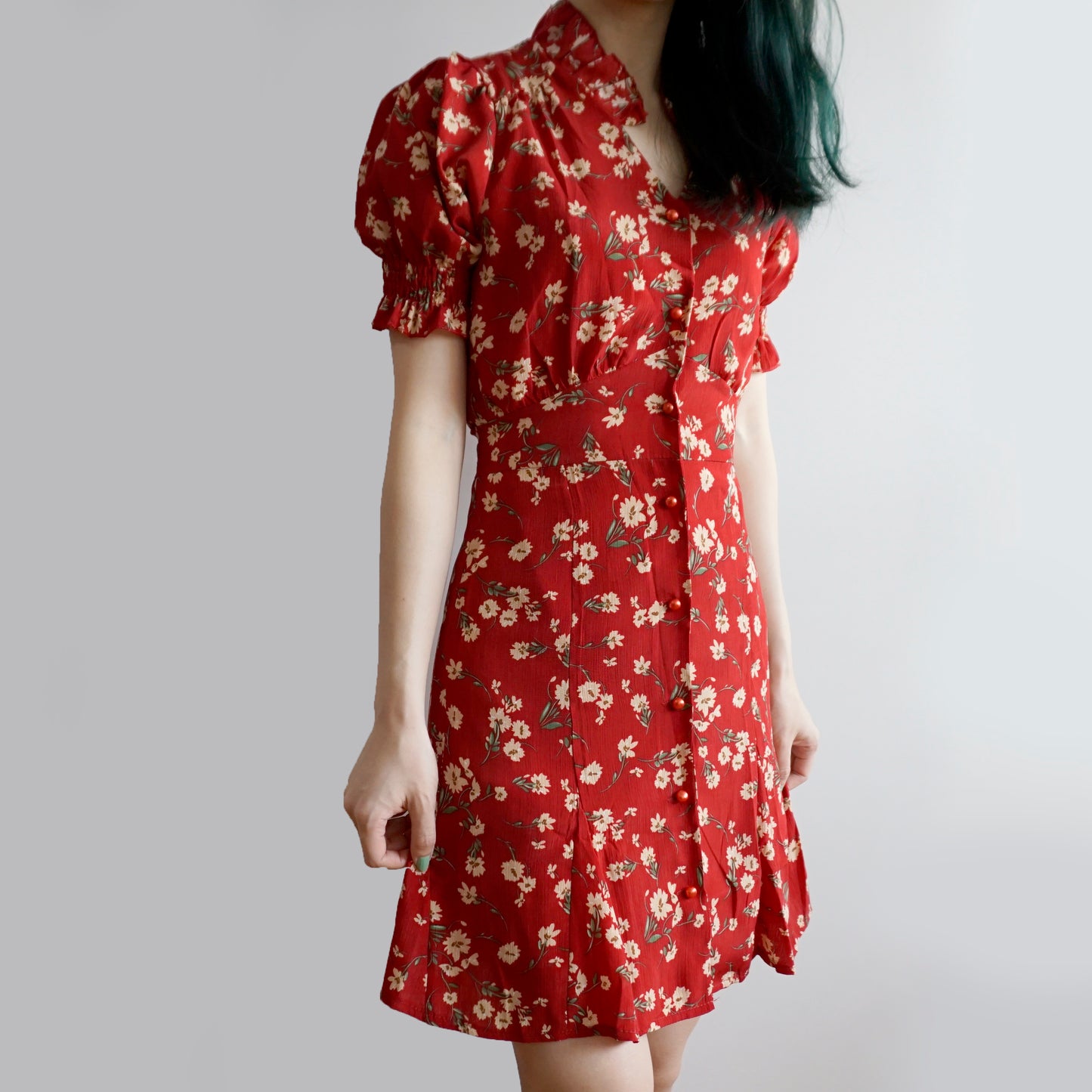 Floral Blossom Puff Sleeve Dress (Red)
