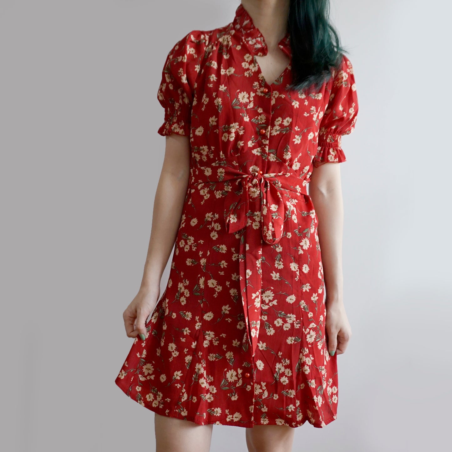 Floral Blossom Puff Sleeve Dress (Red)