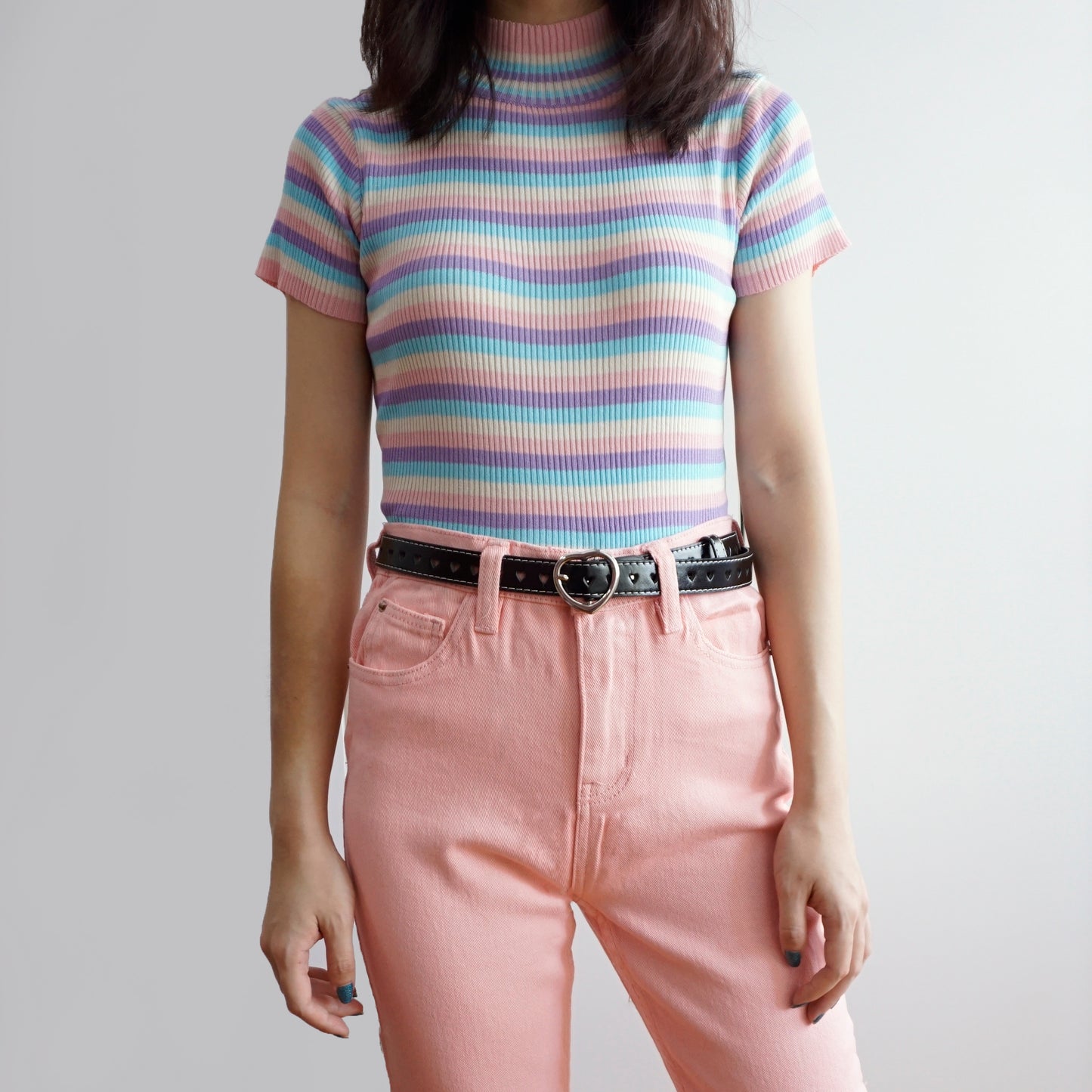 Pastel Rainbow Mock Neck Stripe Shirt (Multicolor)