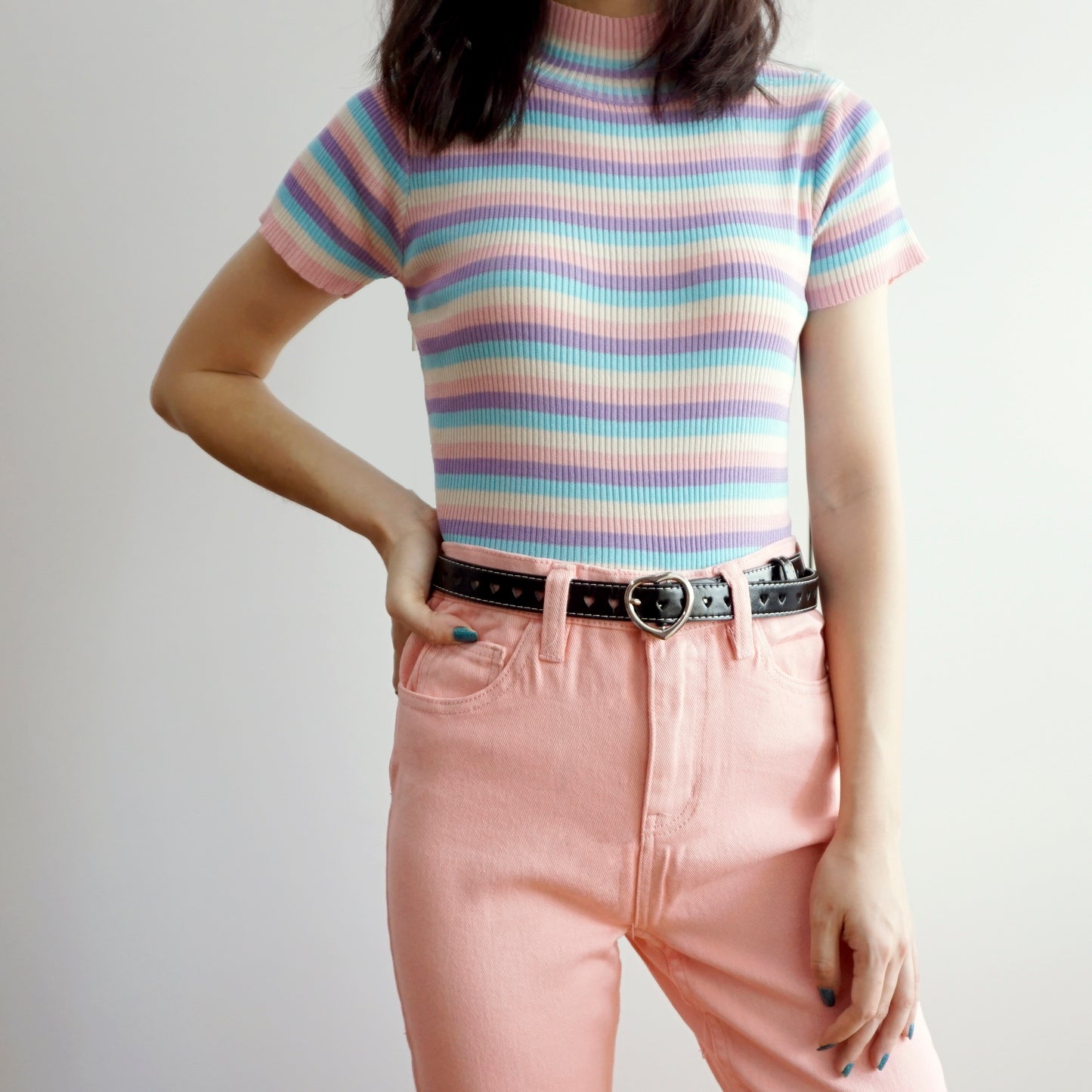 Pastel Rainbow Mock Neck Stripe Shirt (Multicolor)