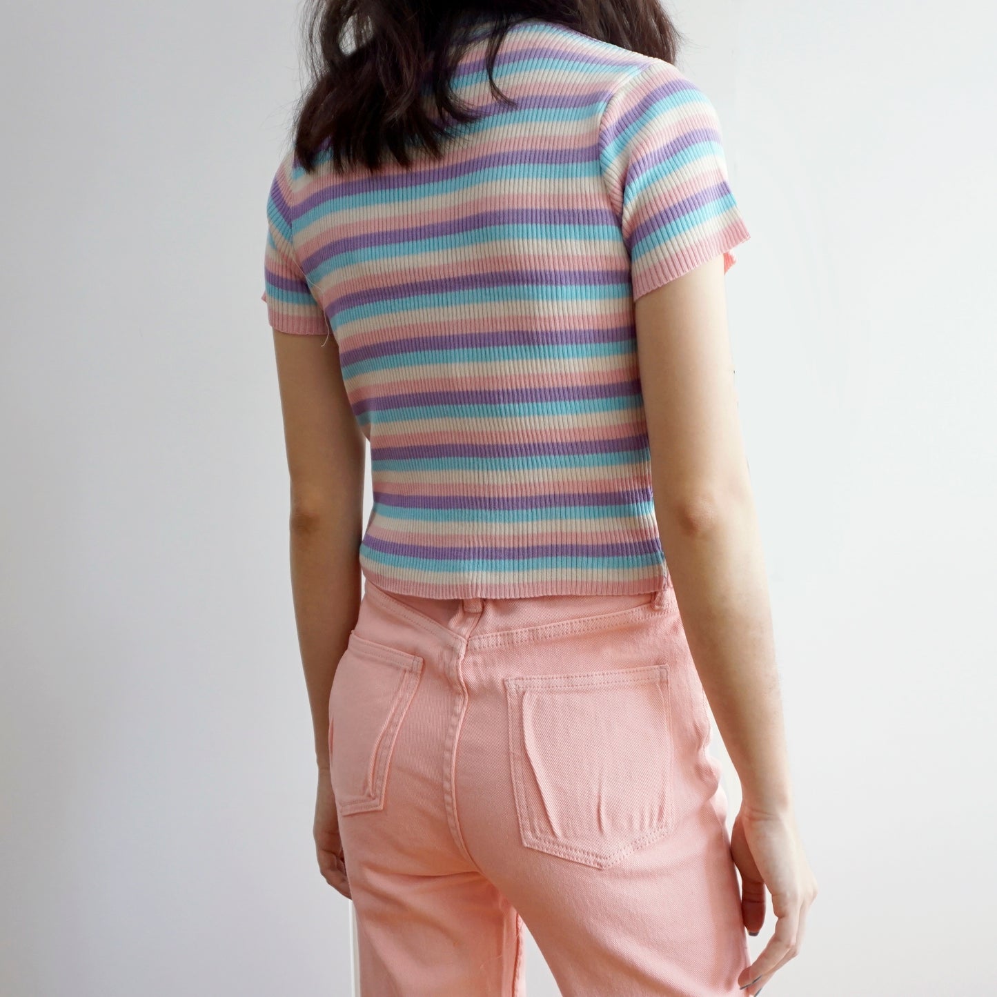 Pastel Rainbow Mock Neck Stripe Shirt (Multicolor)