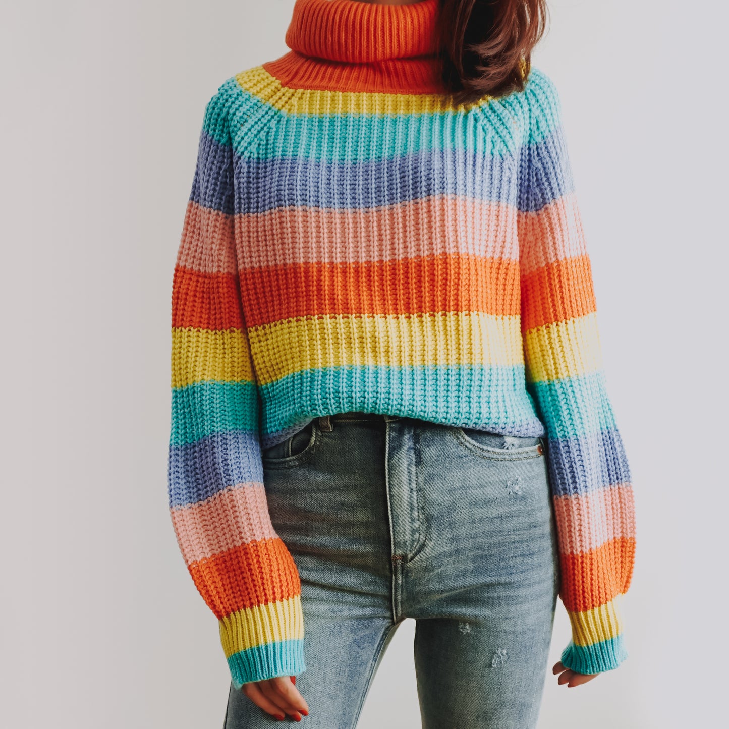 Pastel Turtleneck Stripe Sweater (Rainbow)