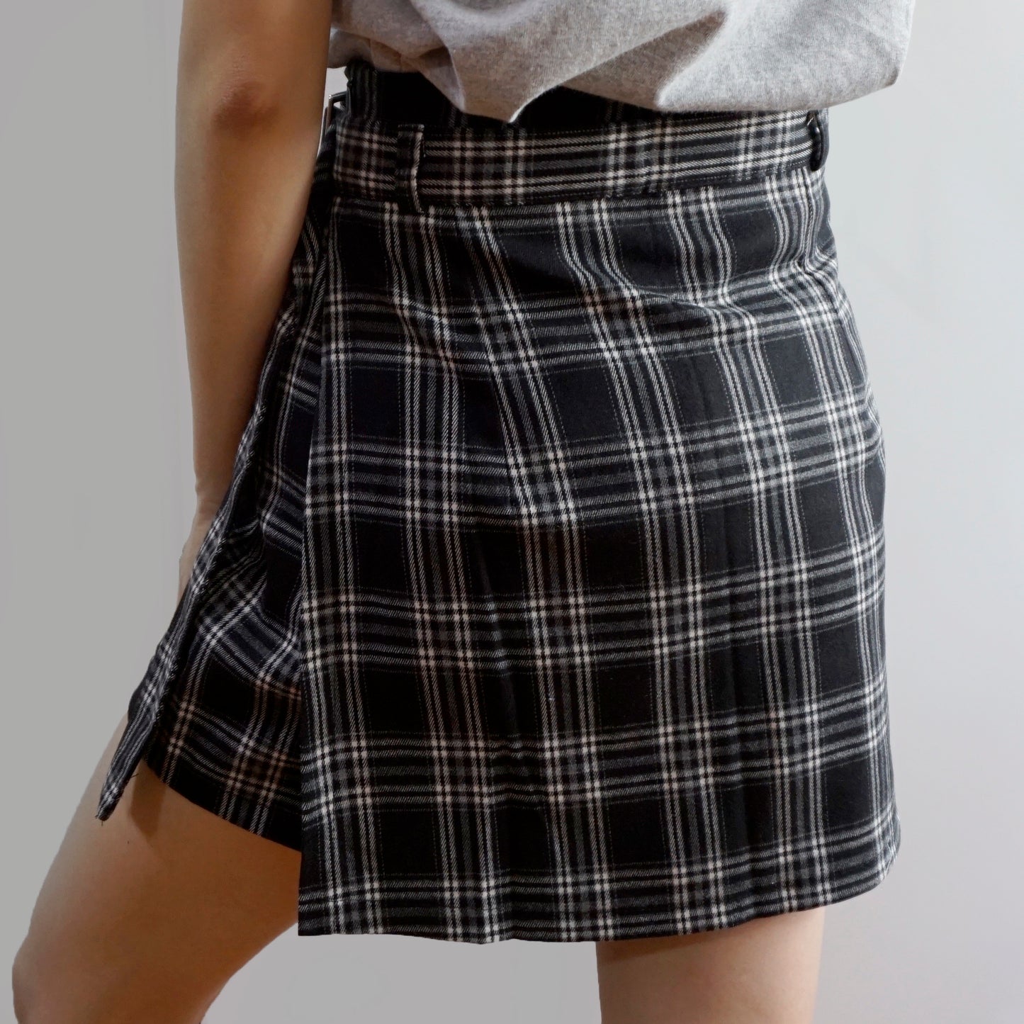Belted Asymmetrical Plaid Skirt (3 Colors)