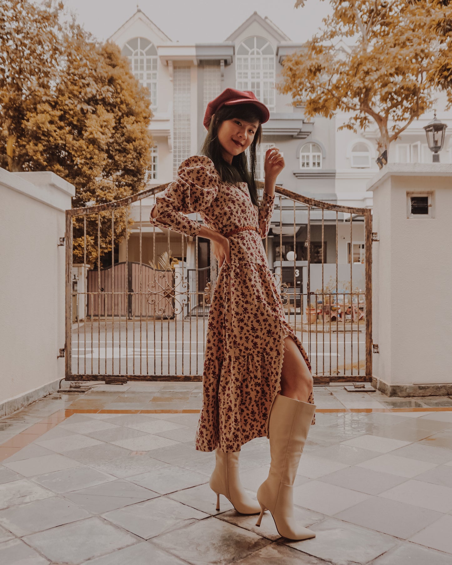 Sweet Floral Corduroy Midi Dress (Cream/Pink)