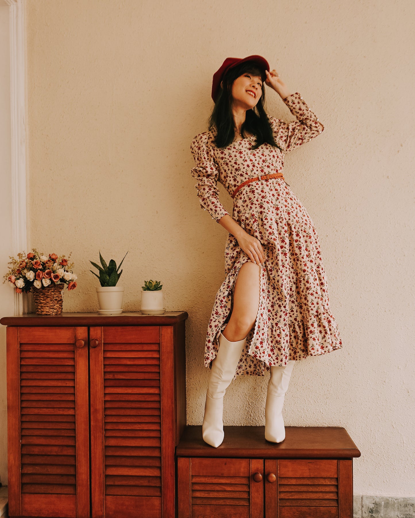 Sweet Floral Corduroy Midi Dress (Cream/Pink)