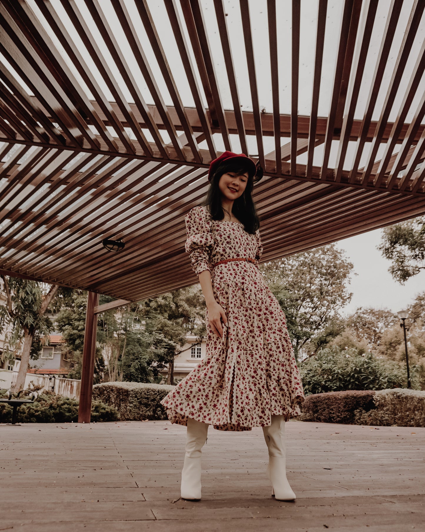 Sweet Floral Corduroy Midi Dress (Cream/Pink)
