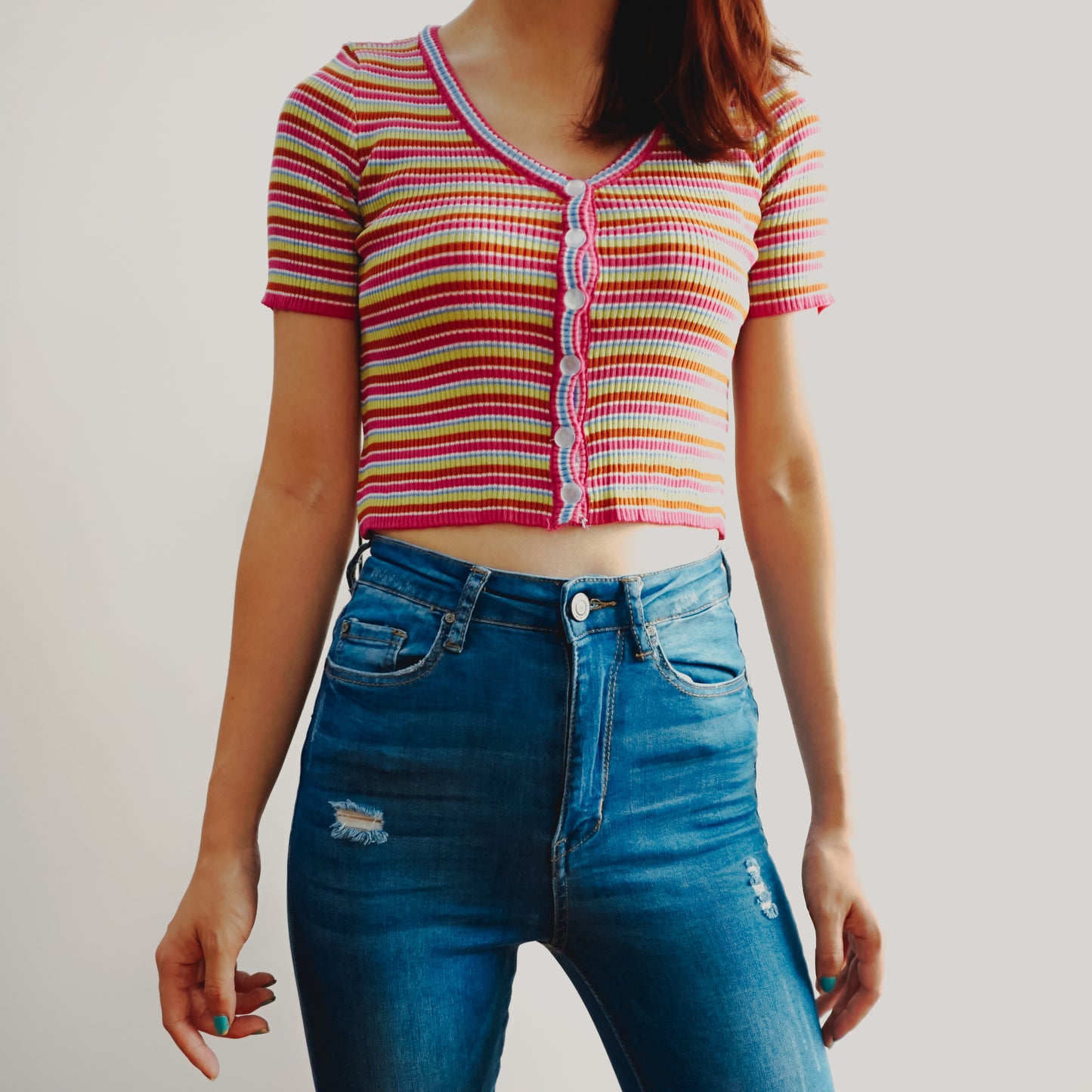 Button Up Rainbow Stripe Crop Top (2 Colors)