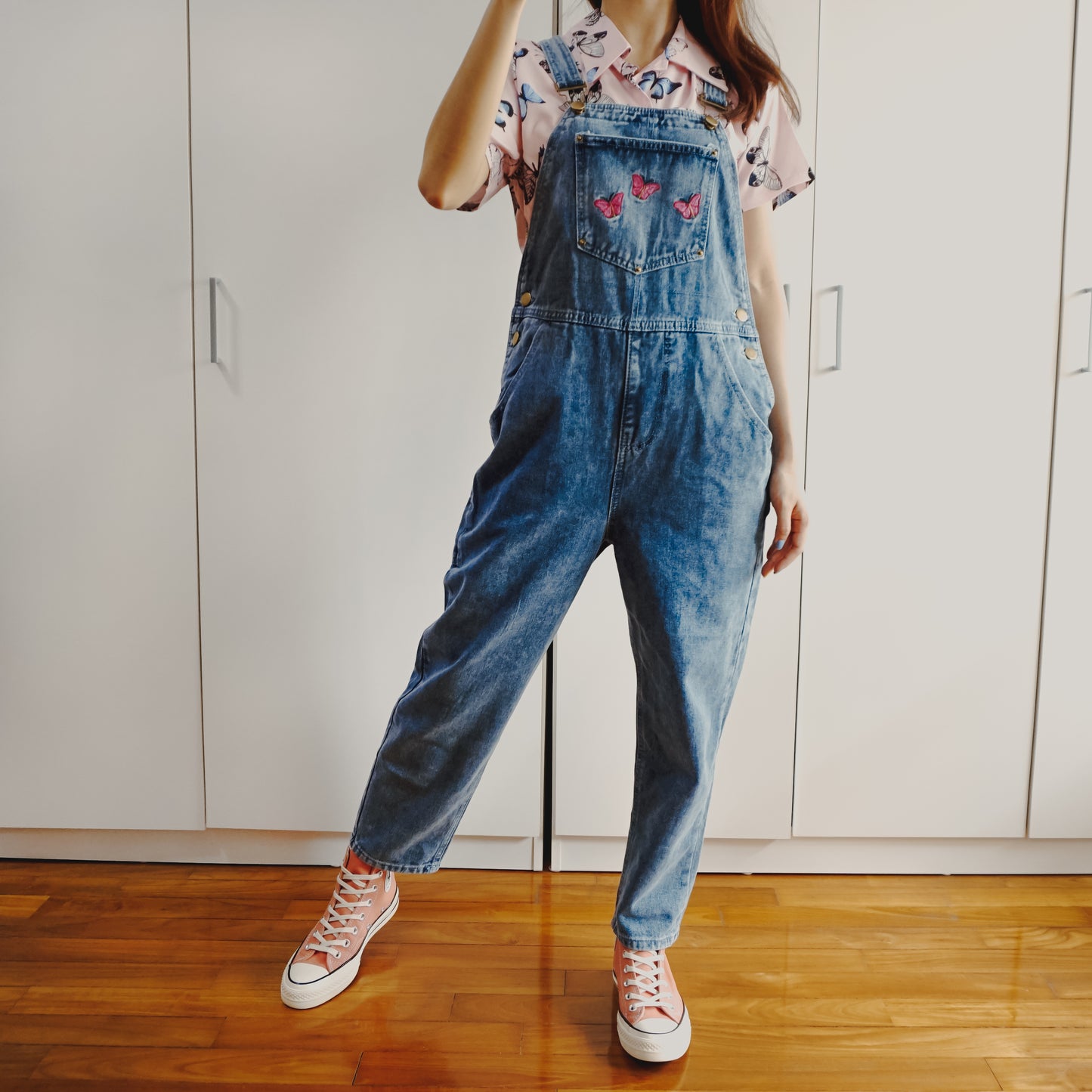 Butterfly Denim Overalls (Medium Blue)