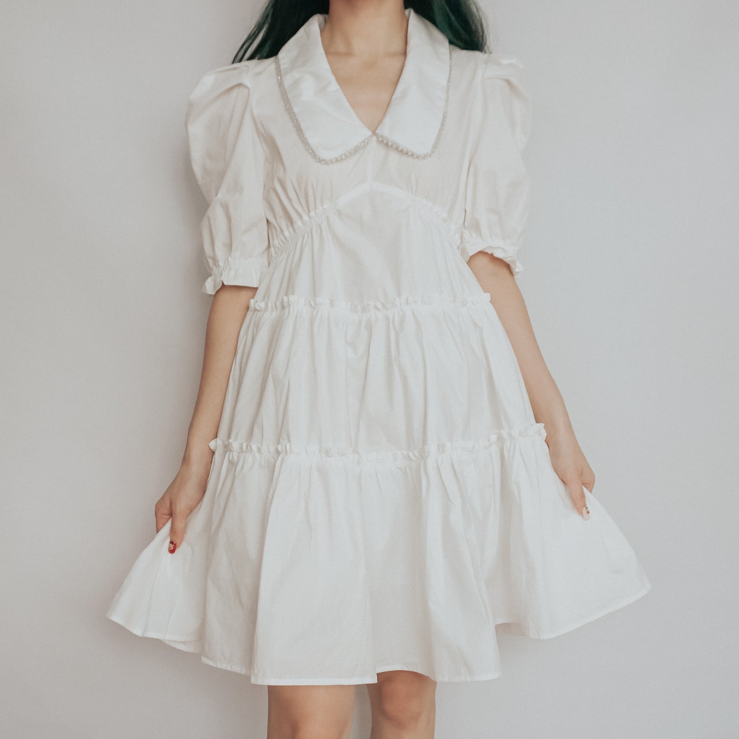 Peter Pan Collar Tiered Dress (White)