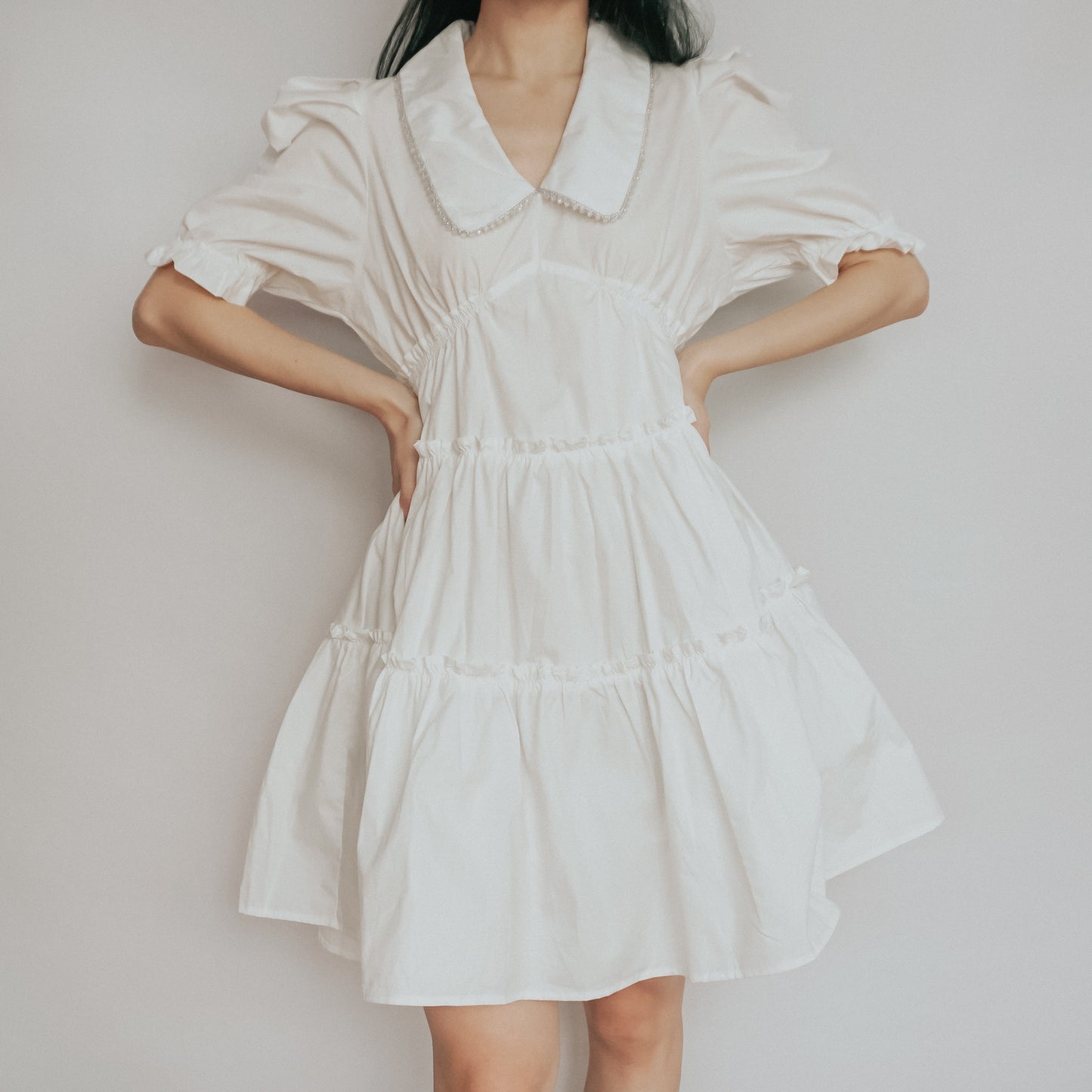 Peter Pan Collar Tiered Dress (White)