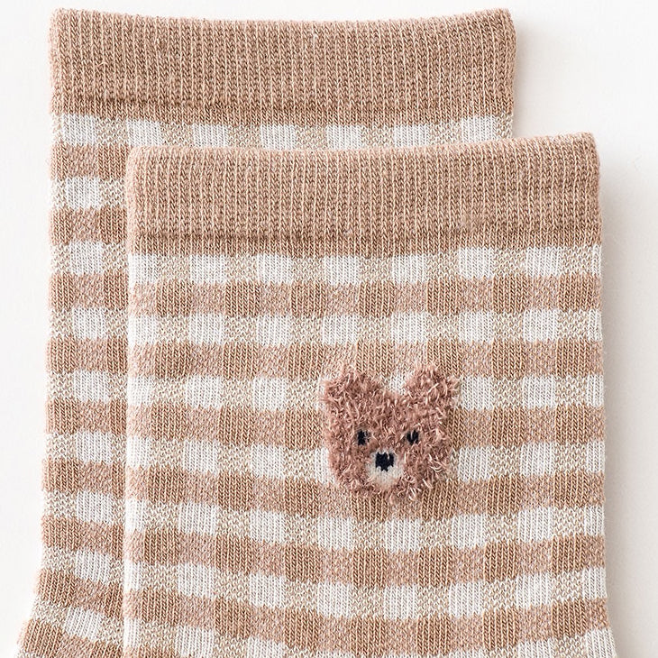 Gingham Bear Sock Set (White/Brown)