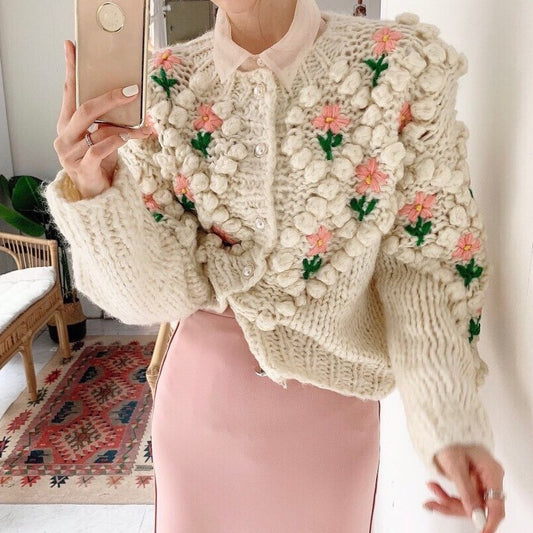 Pom Pom Floral Chunky Cardigan (Cream)