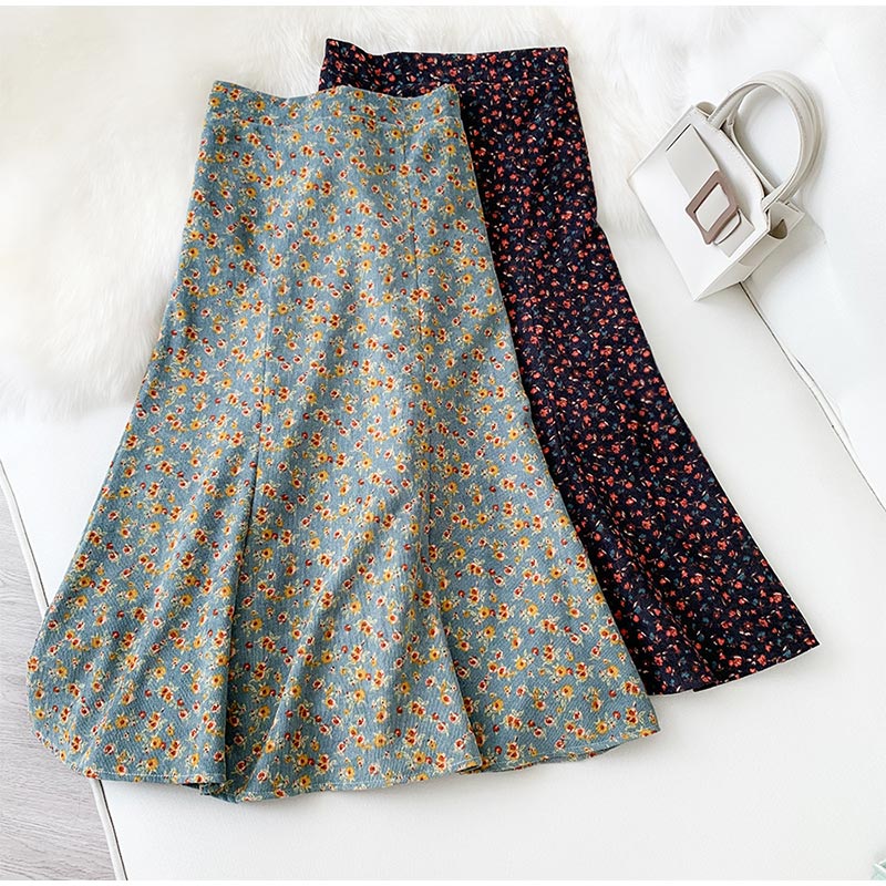 Corduroy Ditsy Floral Midi Skirt (3 Colors)