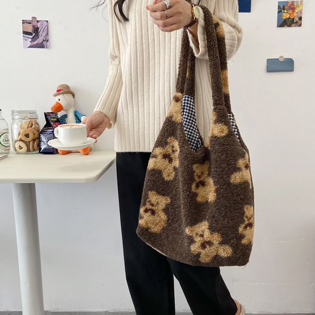 Plush Teddy Bear Reversible Tote Bag (3 Colors)