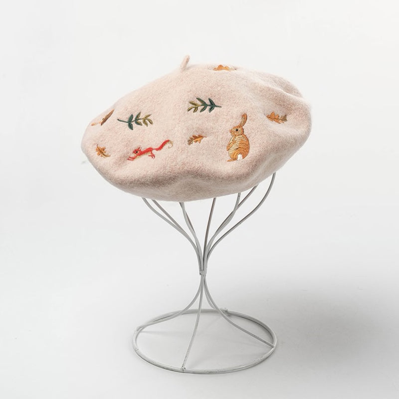Bunny & Squirrel Embroidered Beret (3 Colors)