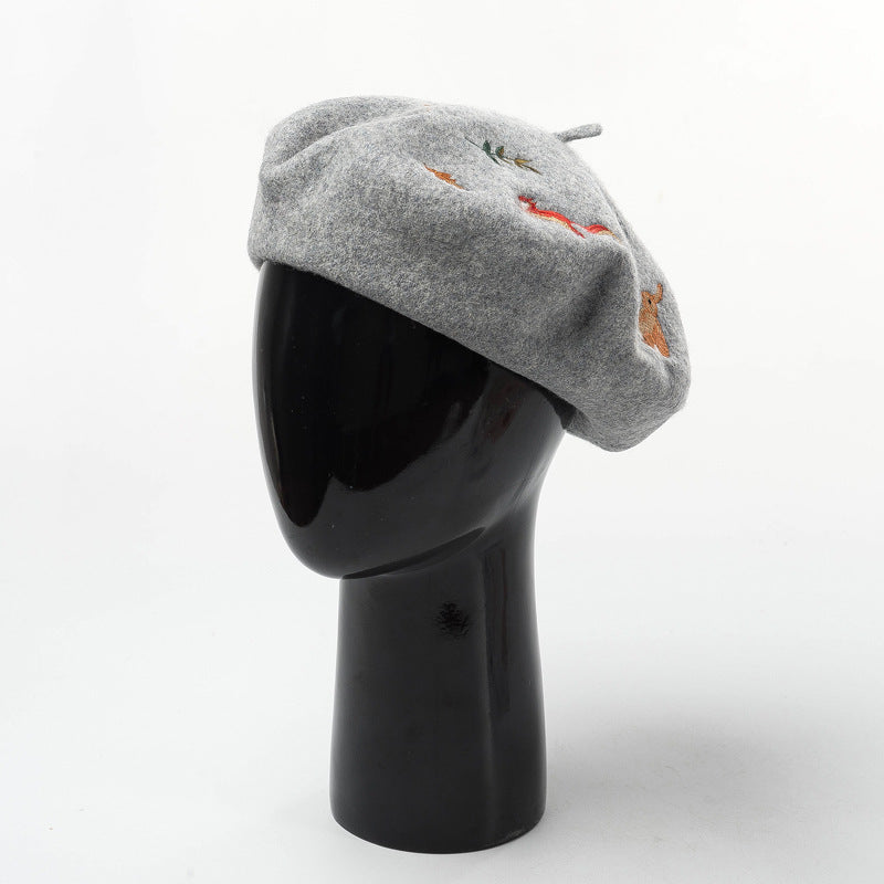 Bunny & Squirrel Embroidered Beret (3 Colors)
