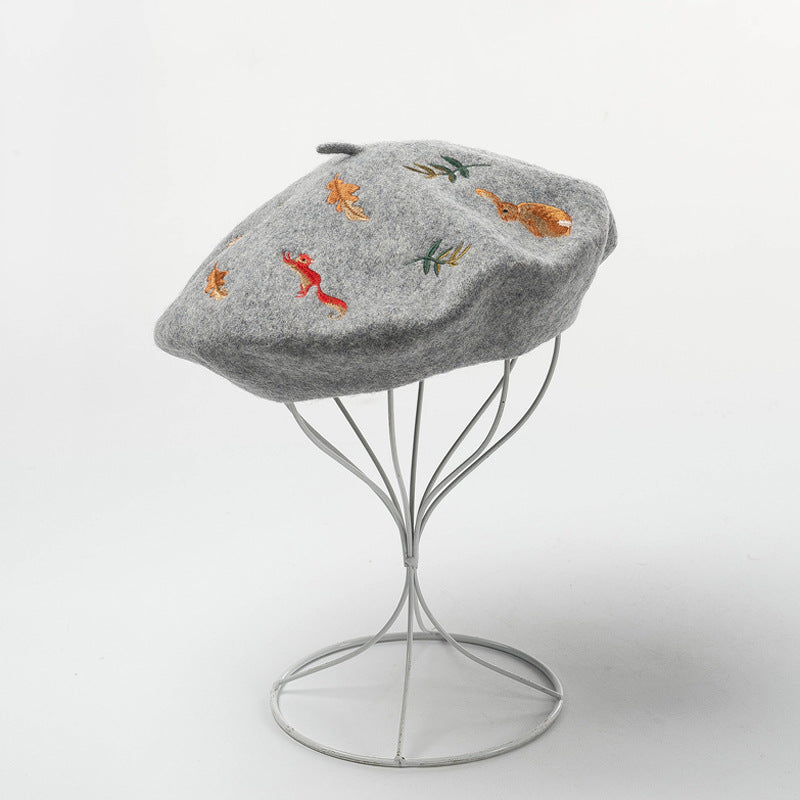Bunny & Squirrel Embroidered Beret (3 Colors)