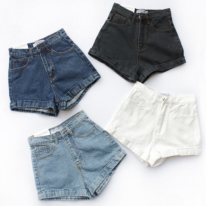 Cuffed Denim High Waist Shorts (4 Colors)
