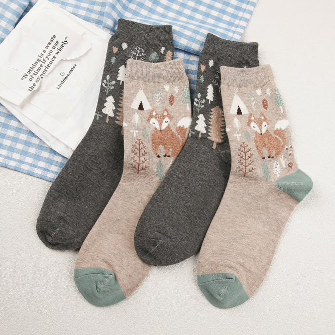 Forest Fox Sock Set (Khaki/Gray)