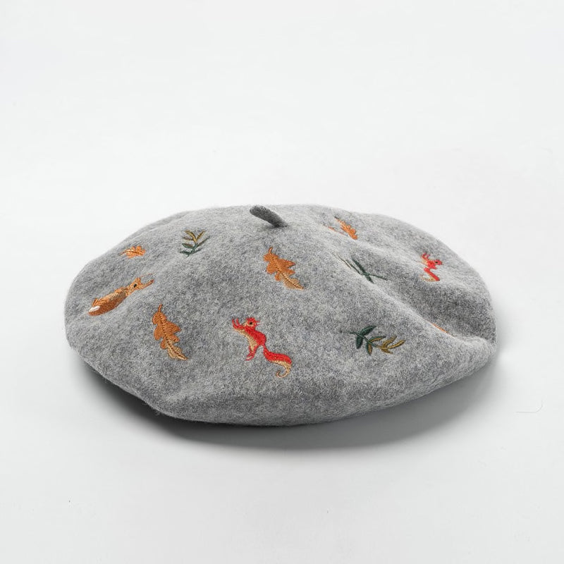 Bunny & Squirrel Embroidered Beret (3 Colors)