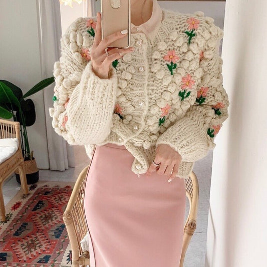 Pom Pom Floral Chunky Cardigan (Cream)