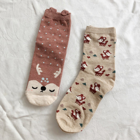 Spotted Deer Sock Set (Rust/Khaki)