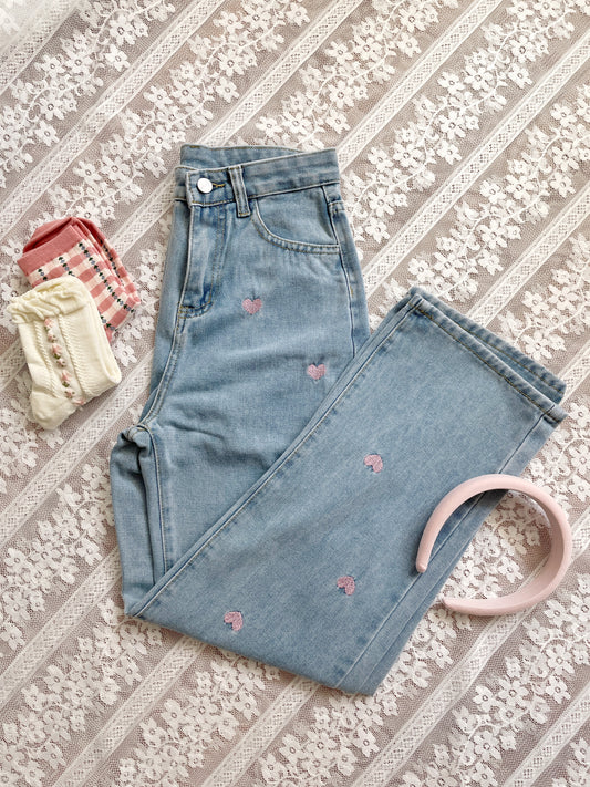 Lover Heart Embroidered Jeans (Light Denim)