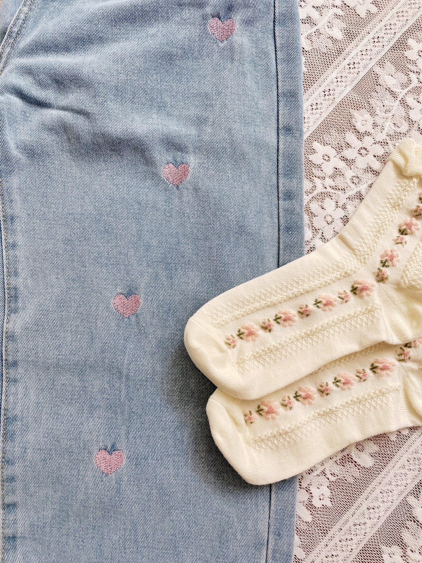 Lover Heart Embroidered Jeans (Light Denim)