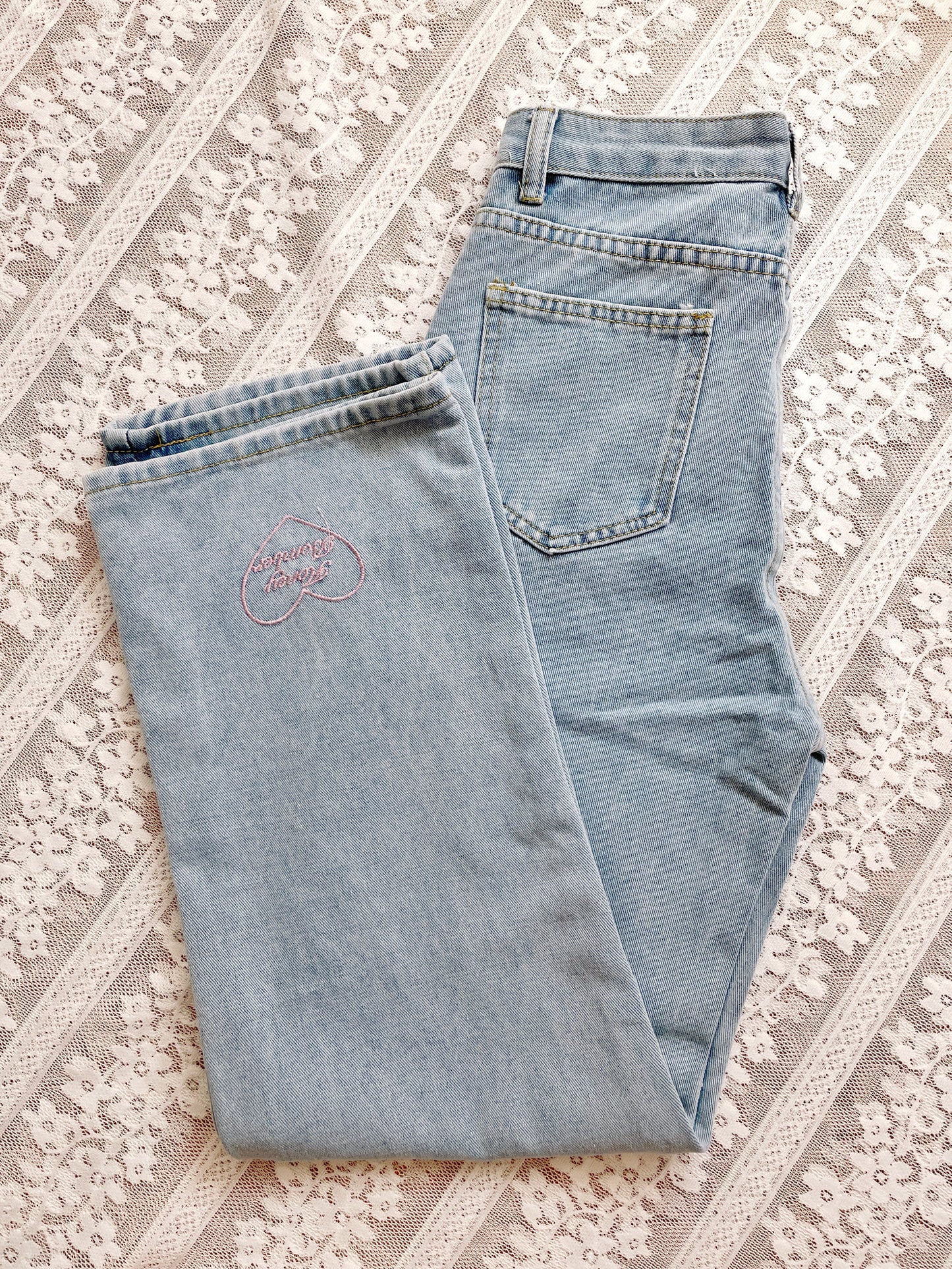 Lover Heart Embroidered Jeans (Light Denim)