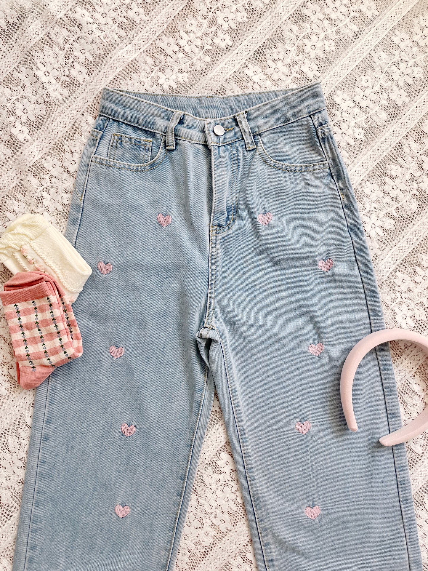 Lover Heart Embroidered Jeans (Light Denim)
