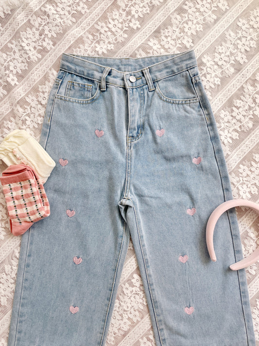 Lover Heart Embroidered Jeans (Light Denim)