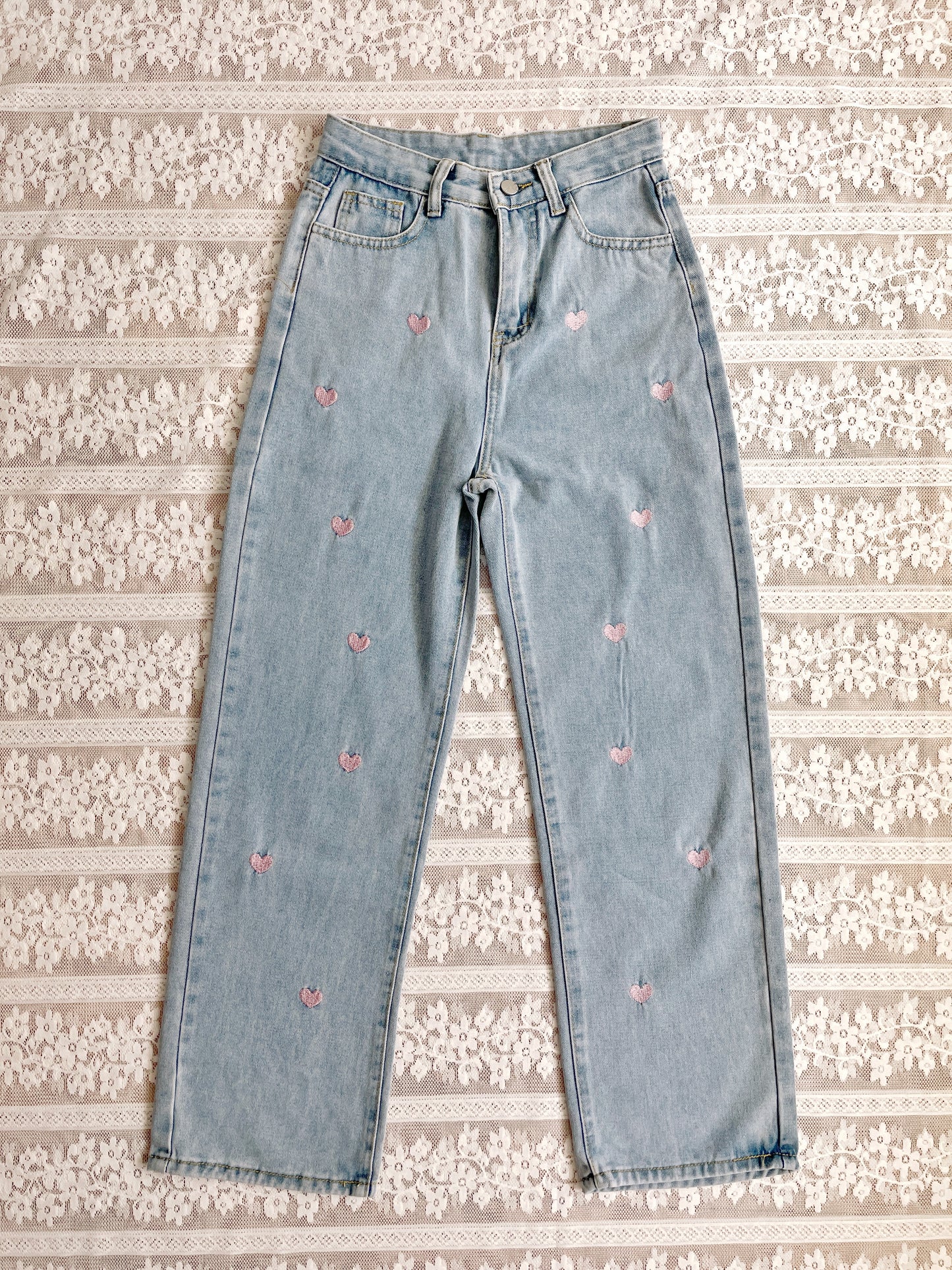 Lover Heart Embroidered Jeans (Light Denim)