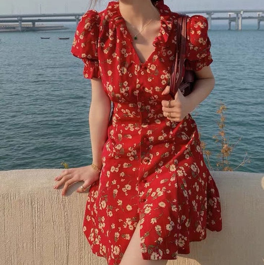 Floral Blossom Puff Sleeve Dress (Red)