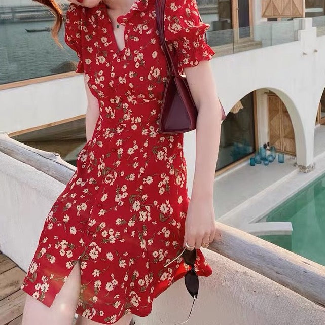 Floral Blossom Puff Sleeve Dress (Red)
