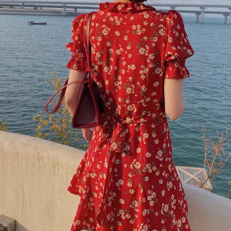 Floral Blossom Puff Sleeve Dress (Red)