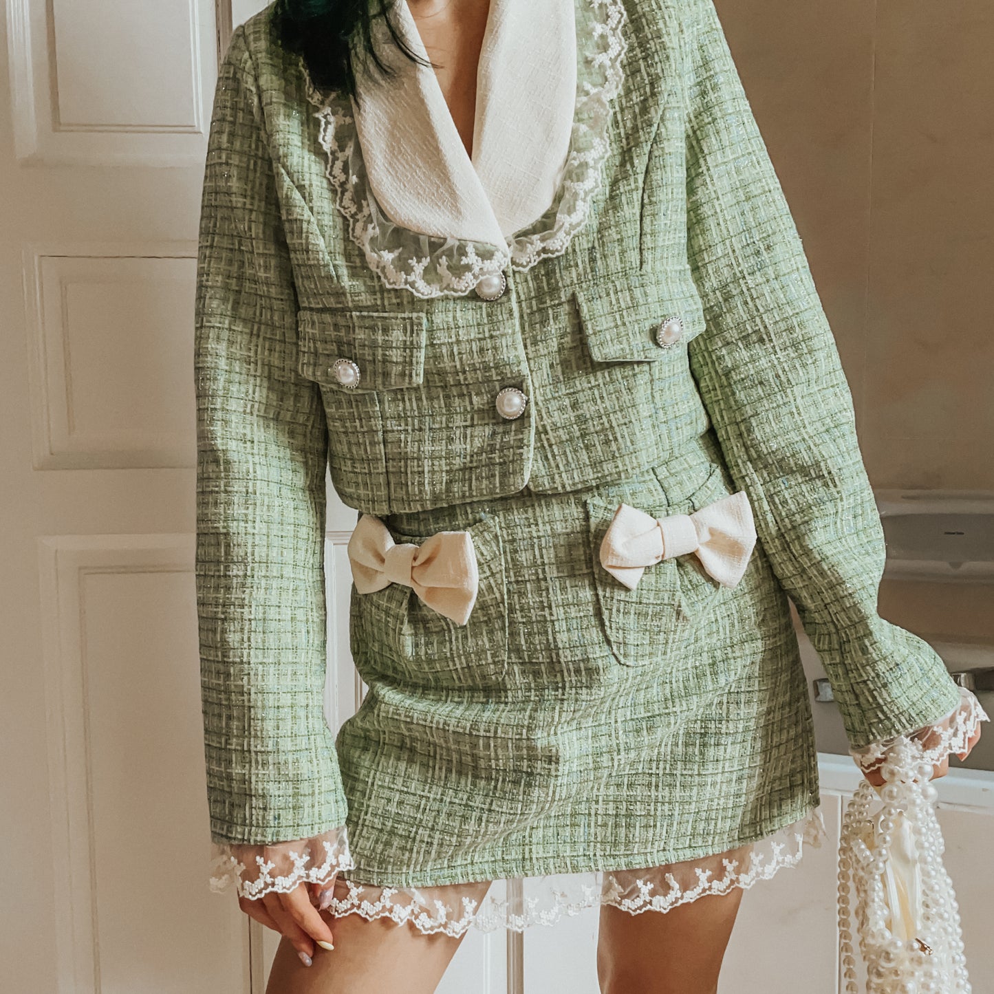 Matcha Peter Pan Tweed Set (Green)