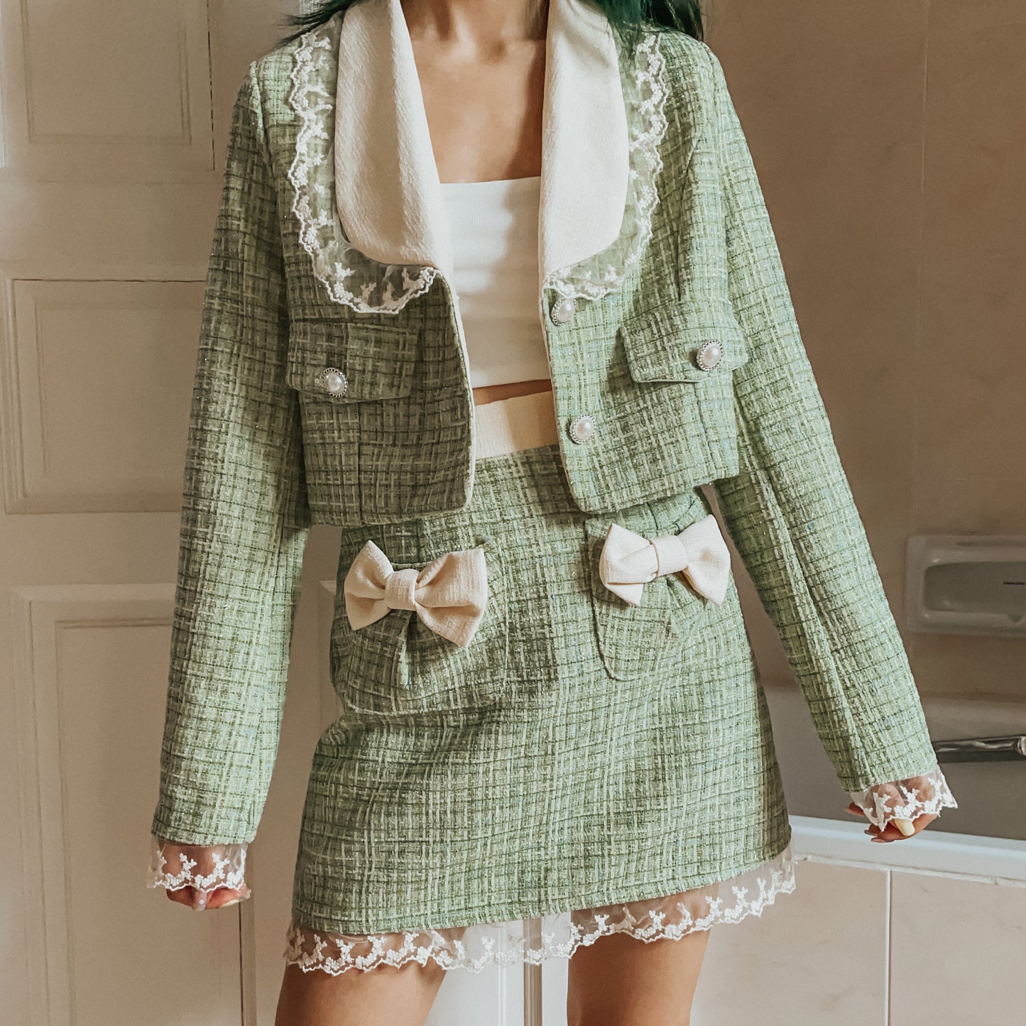 Matcha Peter Pan Tweed Set (Green)