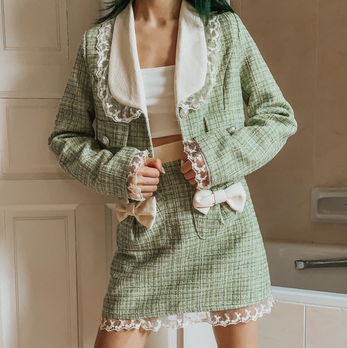 Matcha Peter Pan Tweed Set (Green)