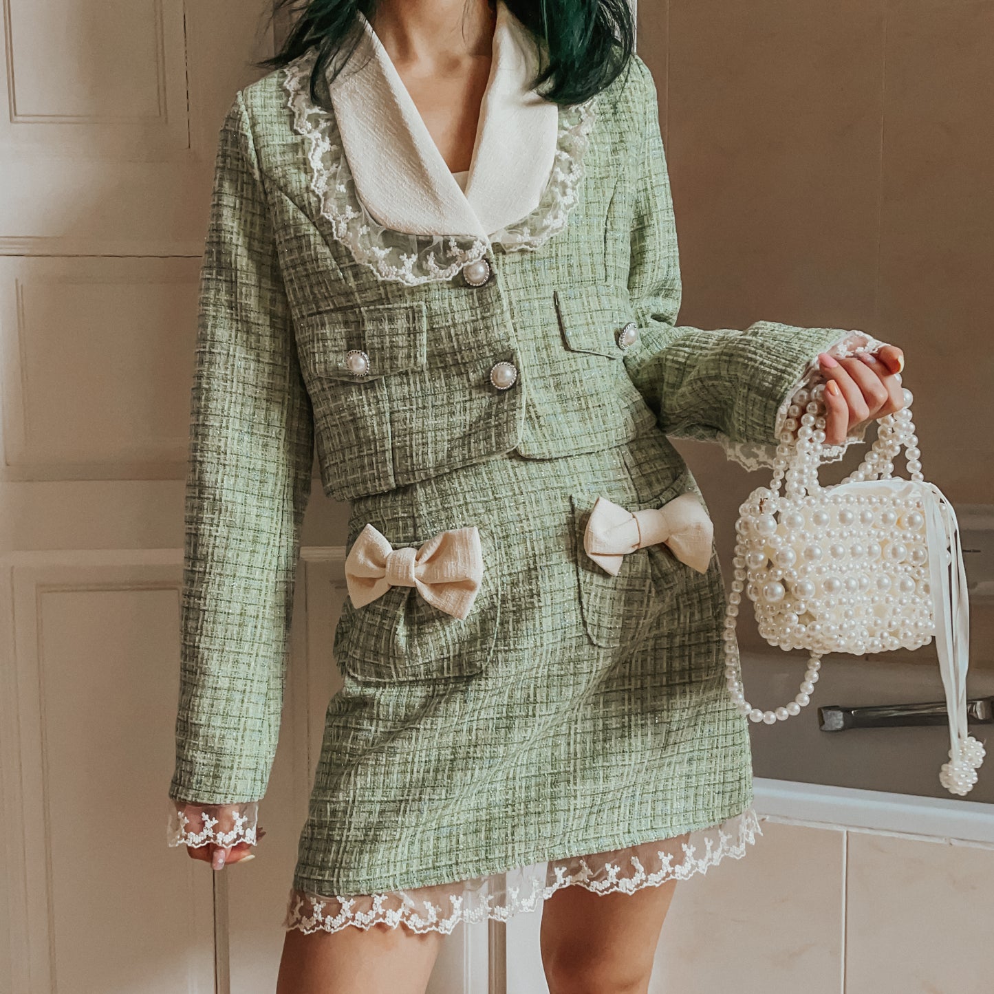 Matcha Peter Pan Tweed Set (Green)